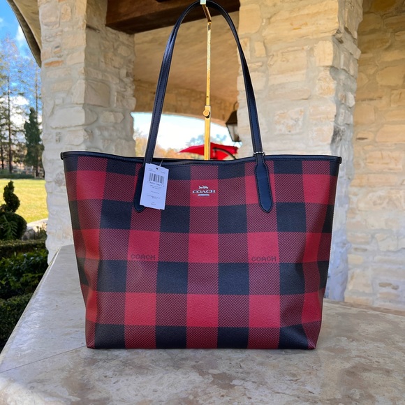 Coach buffalo Plaid Check Reversible Tote Handbag&wallet Red Black - Picture 3 of 13